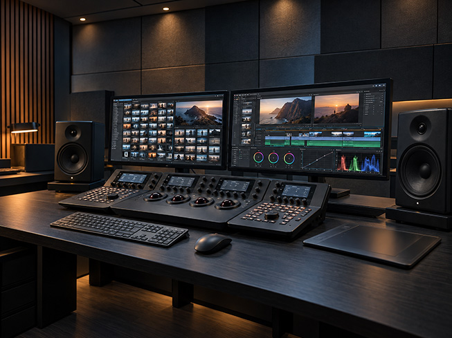 Postazione di montaggio video con monitor